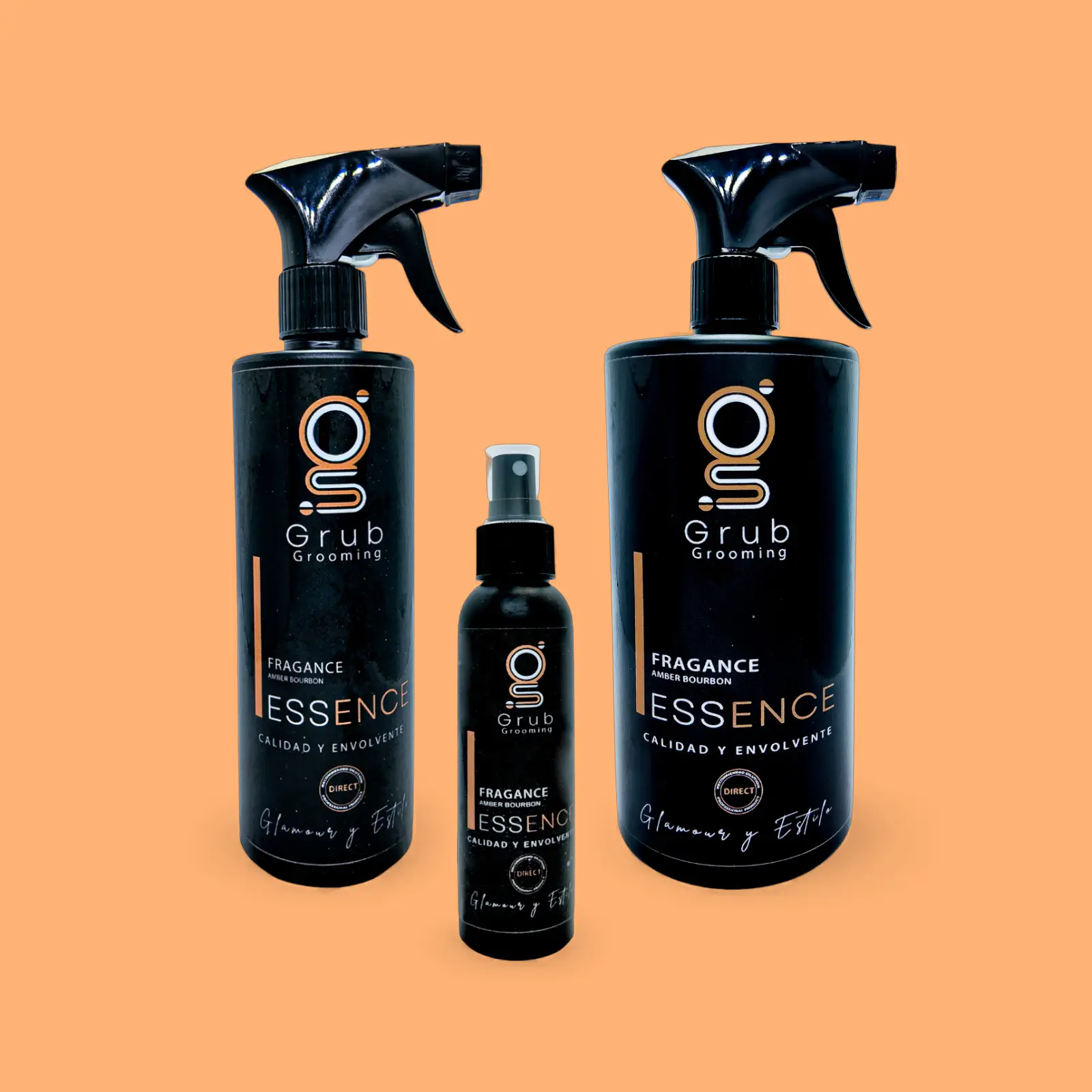 Colección de fragancias Essence Amber Bourbon de GRUB Grooming en presentaciones de 500 mL, 120 mL y 100 mL. Fragancia de calidad envolvente para perfumar el pelaje con un aroma elegante y duradero. Hecho en Colombia.