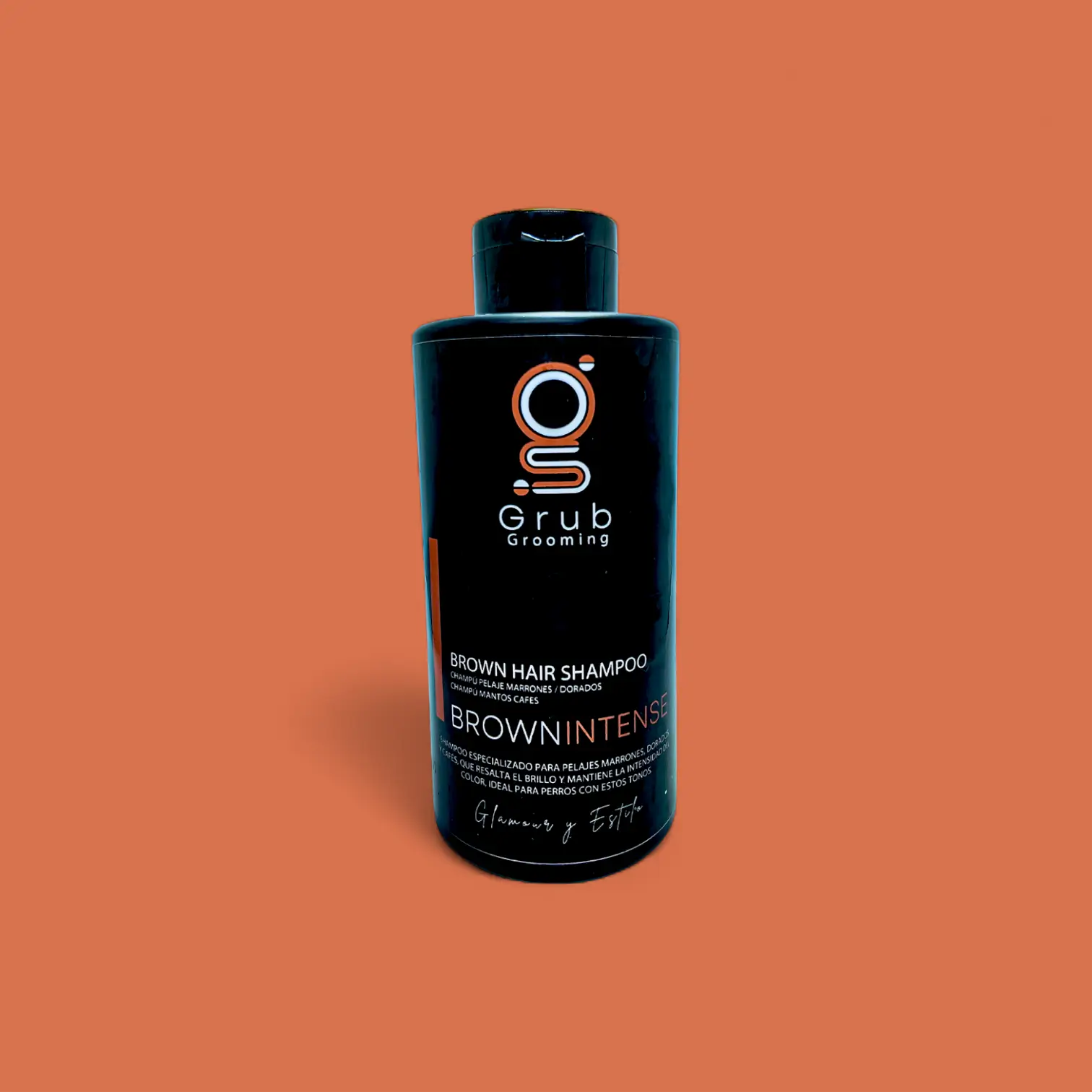 Botella de 1.000 mL del champú Brown Intense de GRUB Grooming. Diseñado para groomers profesionales que buscan resultados visibles desde el primer uso. Fórmula con aceites naturales que resalta el brillo y mantiene la intensidad del color en pelajes marrones y dorados.