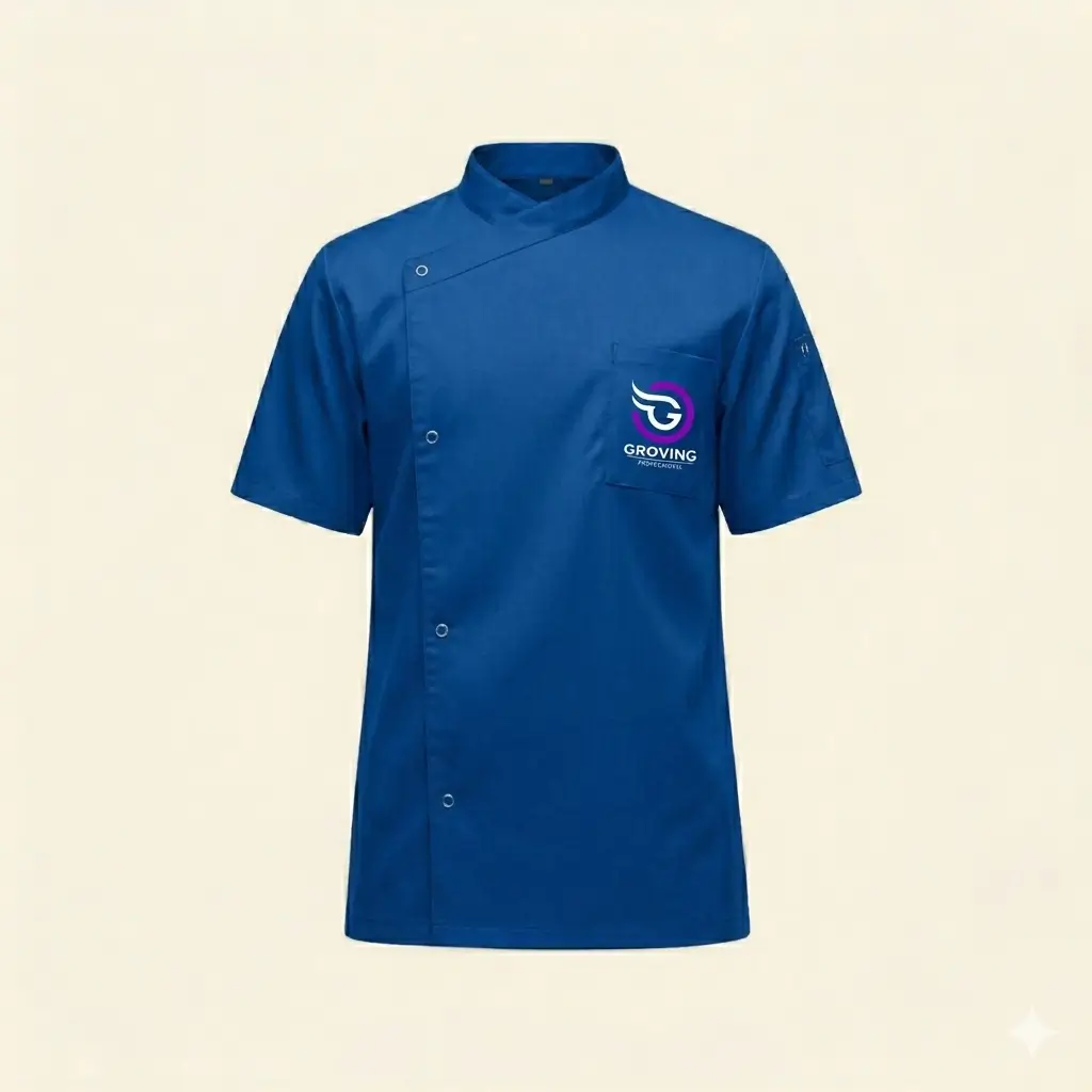 Camisa profesional azul de Groving Professional con tecnología antifluido para peluquerías caninas.