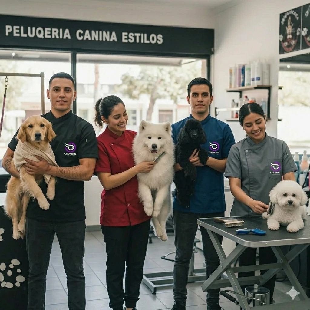Equipo de peluqueros caninos vistiendo las camisas profesionales antifluido de Groving Professional en diferentes colores dentro del salón.