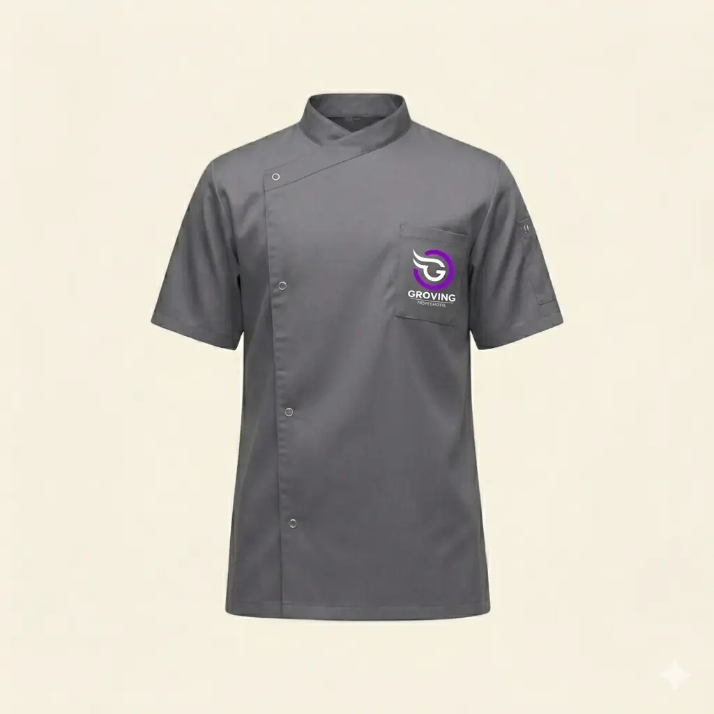 Camisa profesional gris para grooming de Groving Professional, resistente a fluidos en salones de belleza canina.