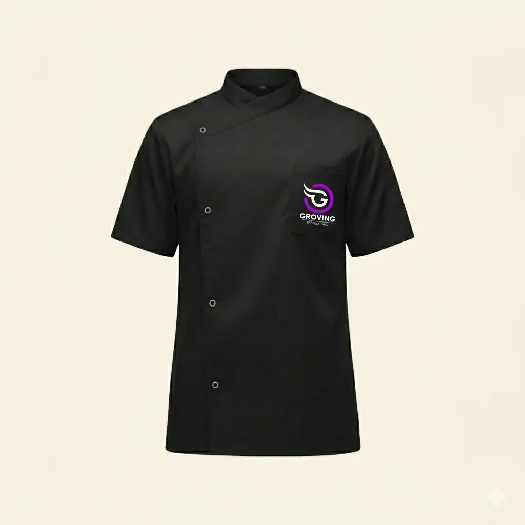 Camisa profesional negra de manga corta, tela antifluido de Groving Professional para peluqueros caninos.