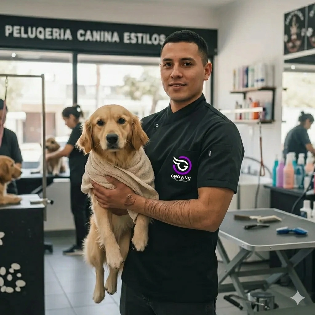 Peluquero canino usando la camisa negra antifluido de Groving Professional mientras sostiene a un perro en el spa.