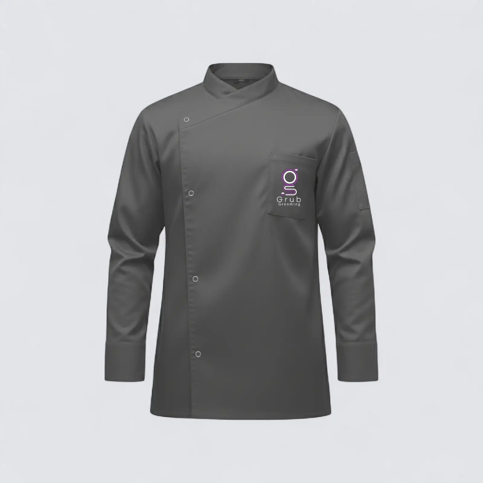Camisa de trabajo gris de GRUB Grooming. Indumentaria profesional con logo bordado en el pecho, ideal para salones de grooming que buscan un look vibrante y funcional.