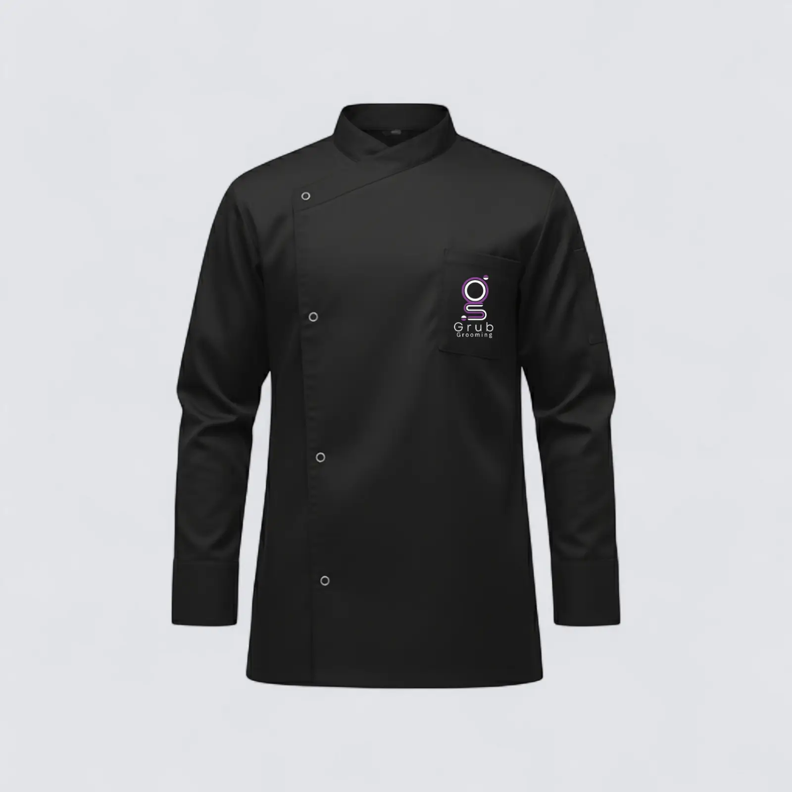 Camisa de trabajo negra de GRUB Grooming. Indumentaria profesional con logo bordado en el pecho, ideal para salones de grooming que buscan un look vibrante y funcional.