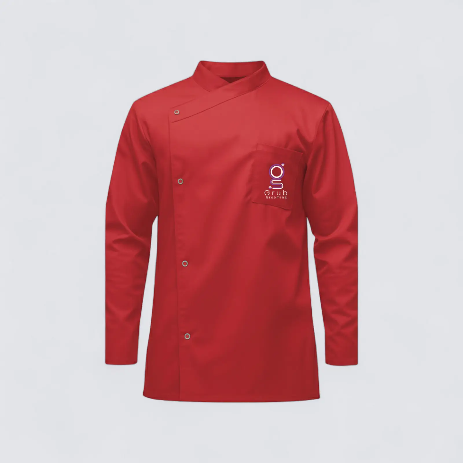 Camisa de trabajo roja de GRUB Grooming. Indumentaria profesional con logo bordado en el pecho, ideal para salones de grooming que buscan un look vibrante y funcional.