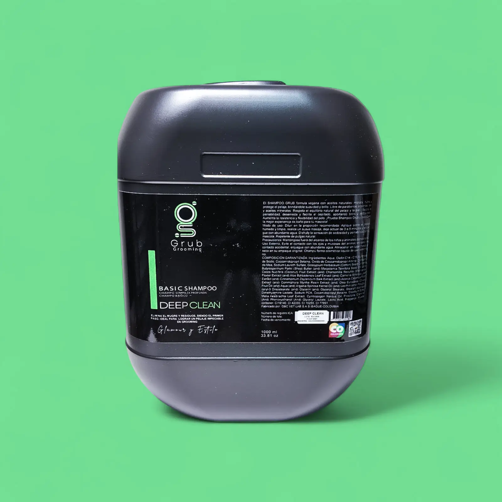 Bidón de 20 L del champú básico desengrasante Deep Clean de GRUB Grooming. Fórmula profesional con aceites naturales para salones que necesitan un producto de alto rendimiento para limpieza profunda. Hecho en Colombia.