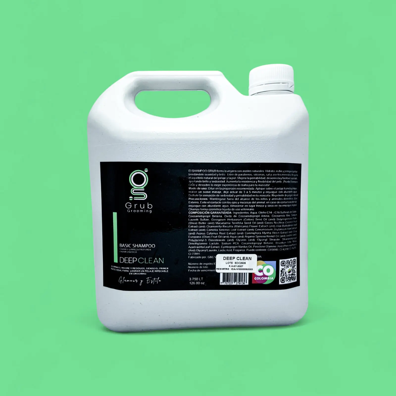 Galón de 3.780 mL del champú básico desengrasante Deep Clean de GRUB Grooming. Ideal para salones de grooming. Fórmula con aceites naturales que elimina mugre y residuos, siendo el primer paso para un pelaje impecable. Hecho en Colombia.