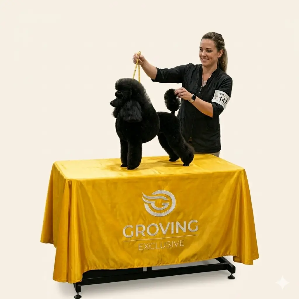 Handler profesional exhibiendo un Poodle sobre el mantel de presentación amarillo de Groving Professional, ideal para competencias y spas caninos.