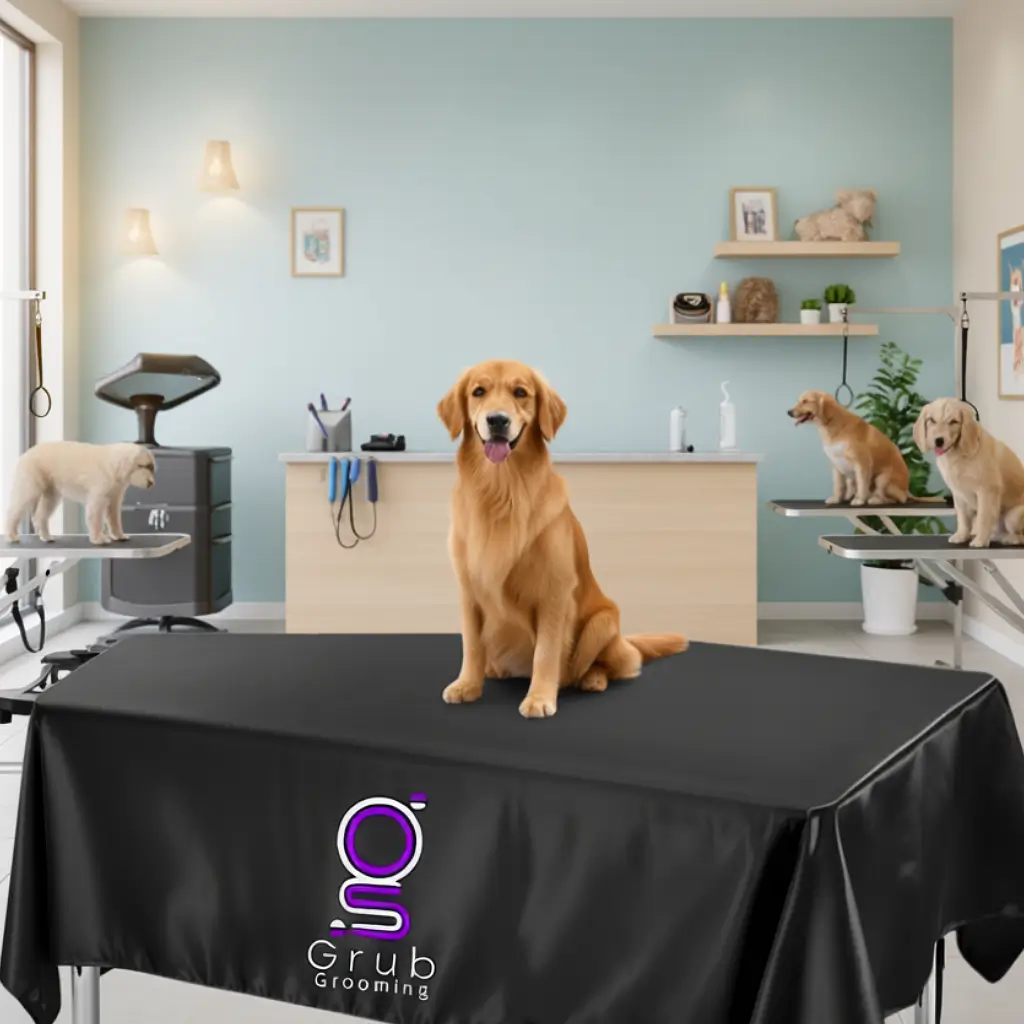 Salón de grooming profesional con mantel de presentación negro de GRUB Grooming. El mantel, con bordado central del logo, aporta elegancia y profesionalismo al espacio de trabajo, ideal para exhibiciones o sesiones de grooming.