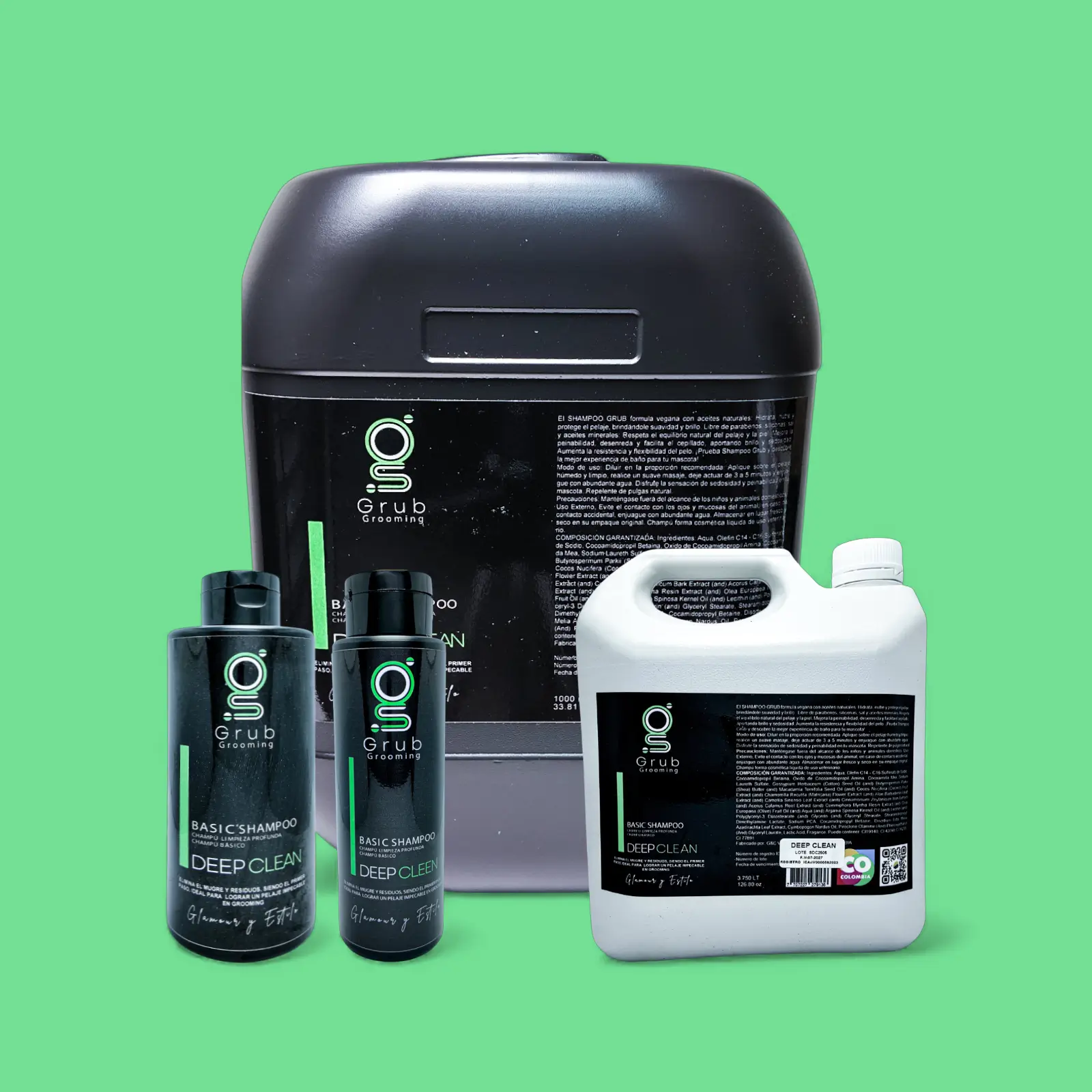 Colección completa del champú básico desengrasante Deep Clean de GRUB Grooming en presentaciones de 20 L, 3.780 mL, 1.000 mL y 500 mL. Fórmula con aceites naturales diseñada para limpieza profunda, eliminando mugre y residuos como primer paso en el grooming.