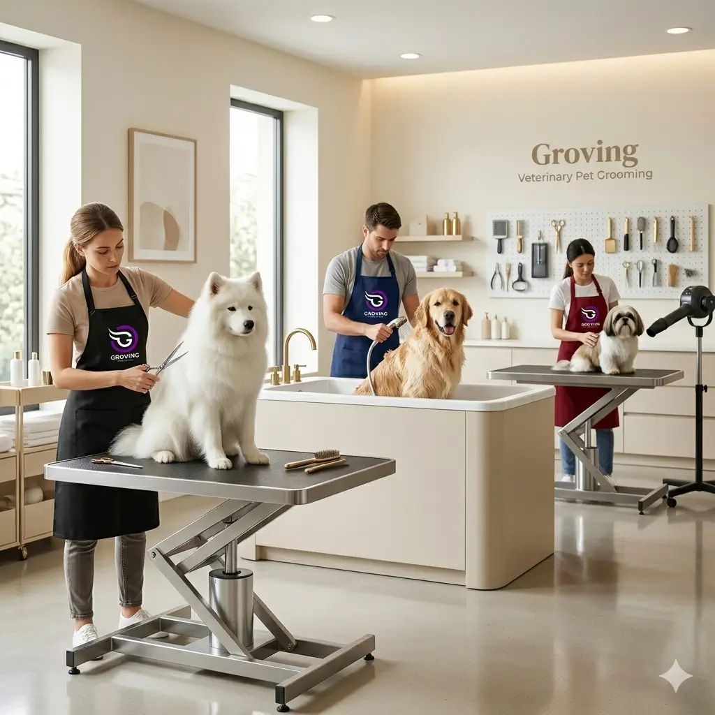Equipo de peluqueros caninos trabajando en el spa con petos antifluido de Groving Professional.
