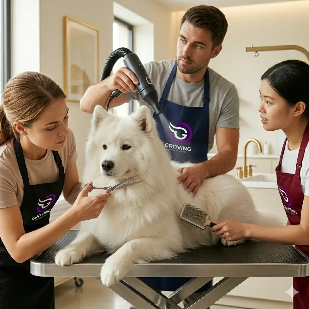 Peluqueros caninos profesionales realizando corte y secado usando petos de Groving Professional.