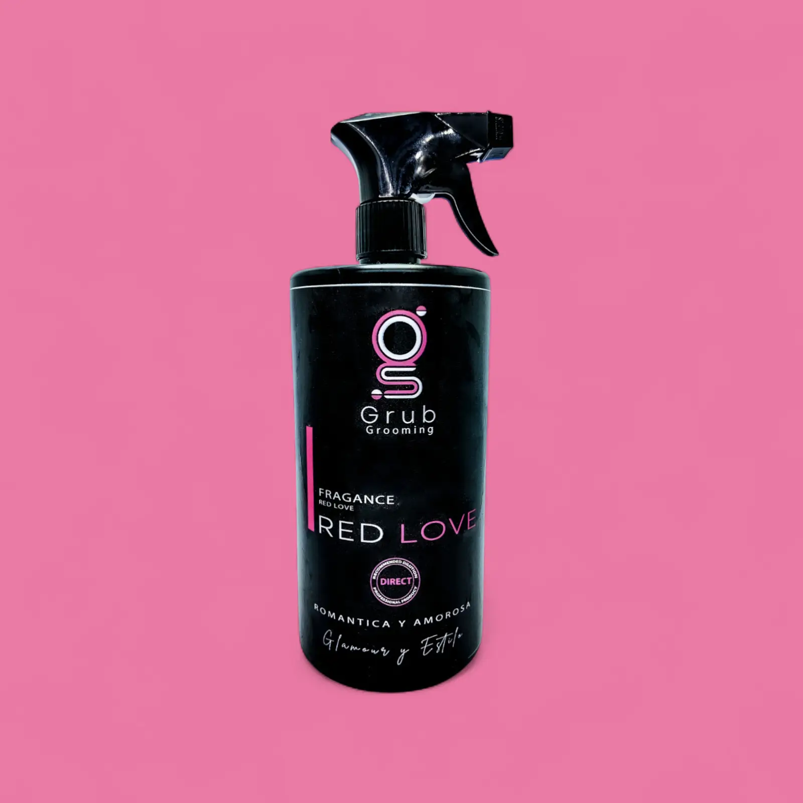 Fragancia Essence Red Love de GRUB Grooming en botella de 1000 mL. Ideal para salones de grooming. Fragancia romántica y amorosa para perfumar el pelaje con un aroma dulce y apasionado. Hecho en Colombia.