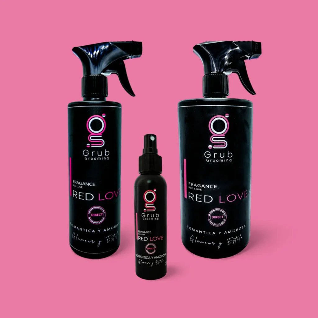 Colección de fragancias Essence Red Love de GRUB Grooming en presentaciones de 1000 mL, 500 mL y 120 mL. Fragancia romántica y amorosa diseñada para perfumar el pelaje con un aroma dulce y apasionado. Hecho en Colombia.