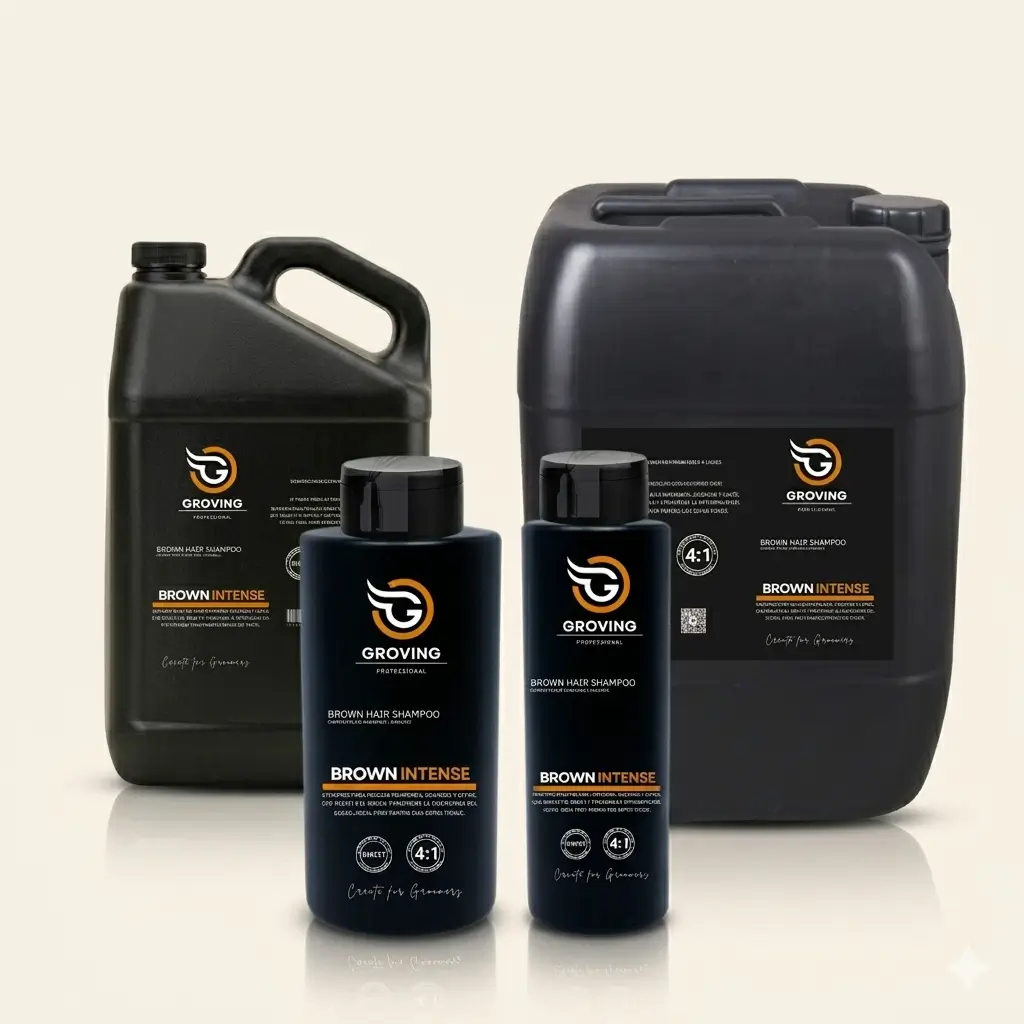 Línea completa de shampoo Brown Intense de Groving Professional para intensificar mantos marrones y dorados en peluquerías caninas.
