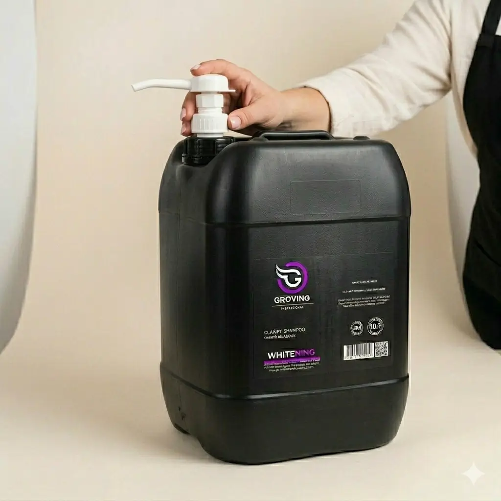 Válvula dispensadora de alto tráfico instalada en bidón de 20 Litros de Groving Professional para salones de belleza canina.