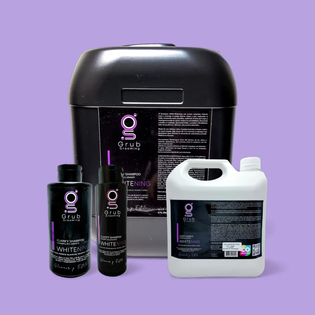 Colección completa del champú aclarante Whitening de GRUB Grooming en presentaciones de 20 L, 3.780 mL, 1.000 mL y 500 mL. Cosmética profesional diseñada para pelajes blancos, nivela el tono y realza el brillo.