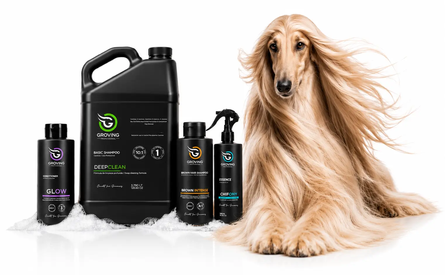 Perro en spa con gama de productos Groving Professional para salones de belleza canina y peluquerías profesionales.