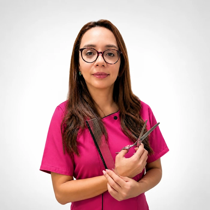 Fotografía de Johana Perez, Groomer profesional en Cali y embajadora de la cosmética Groving Professional para spas caninos.